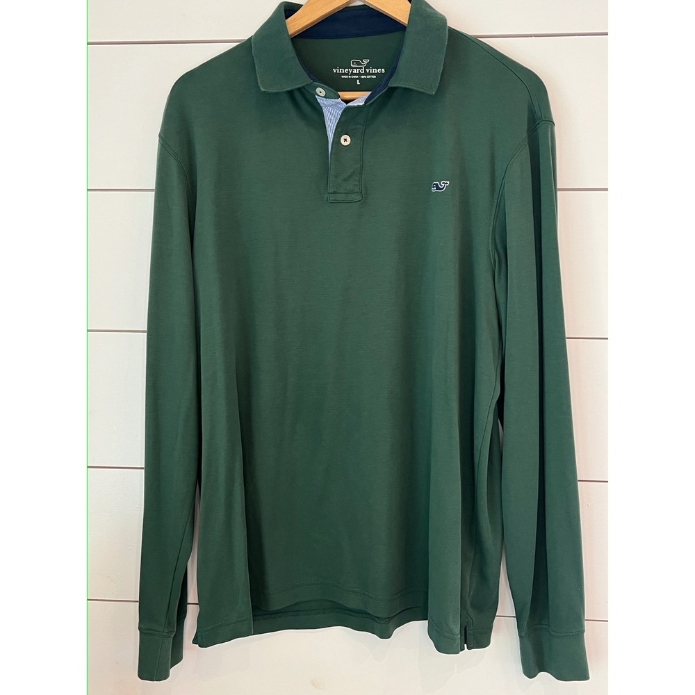 Vineyard Vines Mens Long Sleeve Polo Shirt Green Cotton Size L preppy golf